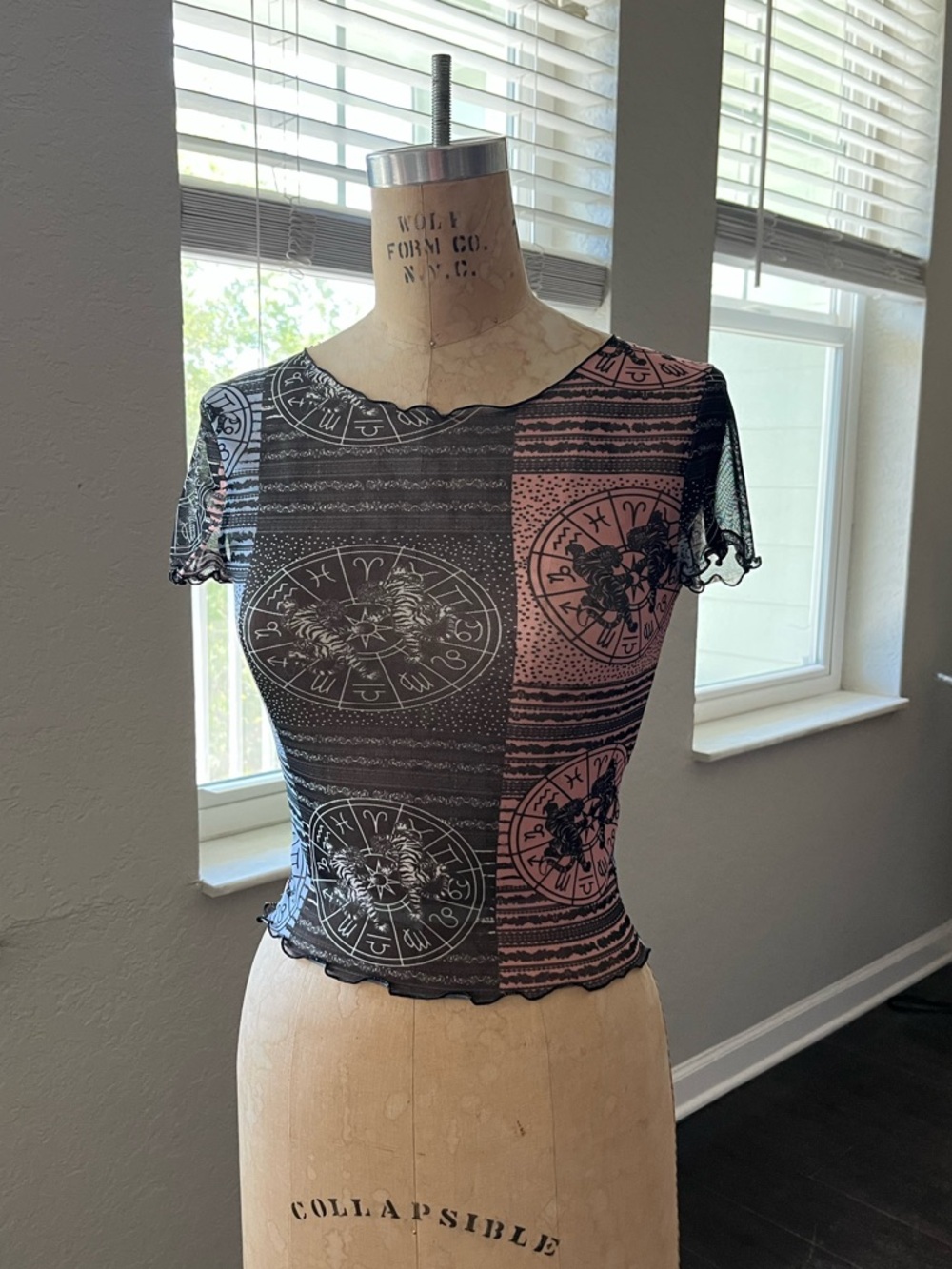 Urban outfitters Pink and Black Sheer Mesh Graphic Top xs